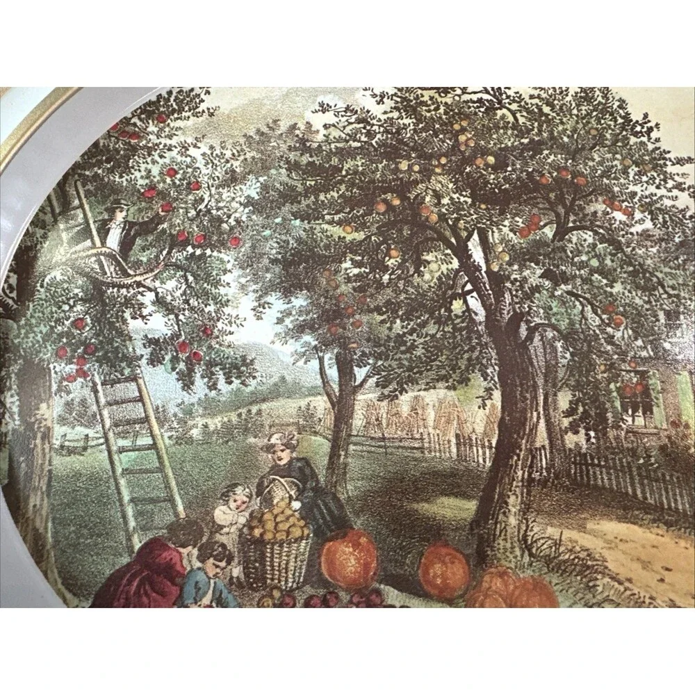 Vintage Currier & Ives Metal 1868 Oval Tray The American Homestead - Autumn